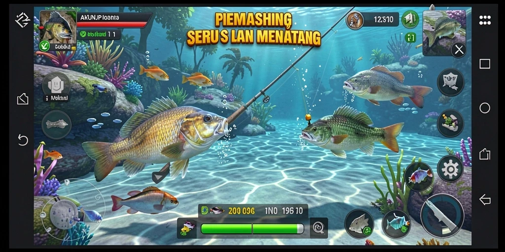 Tampilan gameplay AKUNJP yang menarik saat memancing ikan.