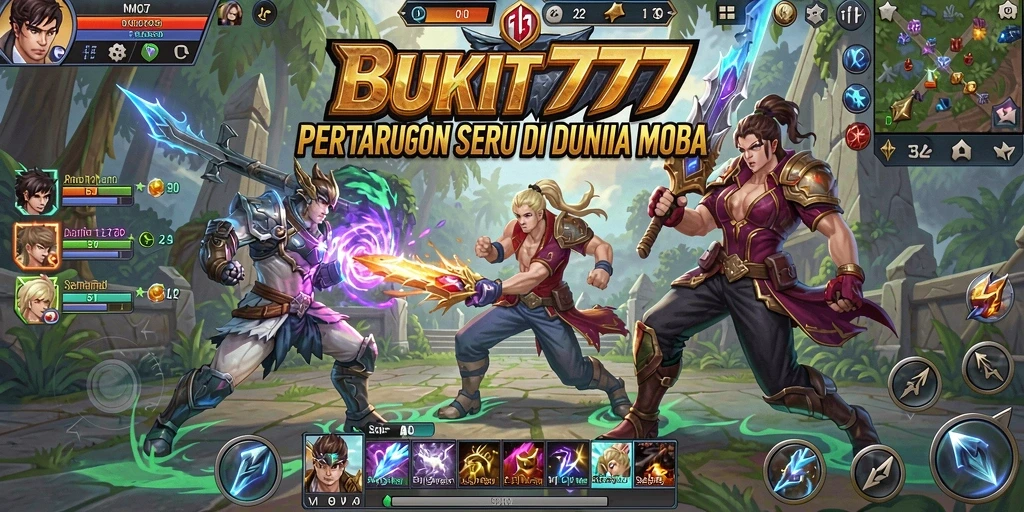 Gameplay seru dengan aksi pertarungan karakter di arena MOBA.