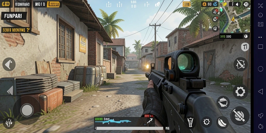 Tampilan screenshot seru dari gameplay <strong>FUNPARI</strong> dengan aksi menembak yang intens.