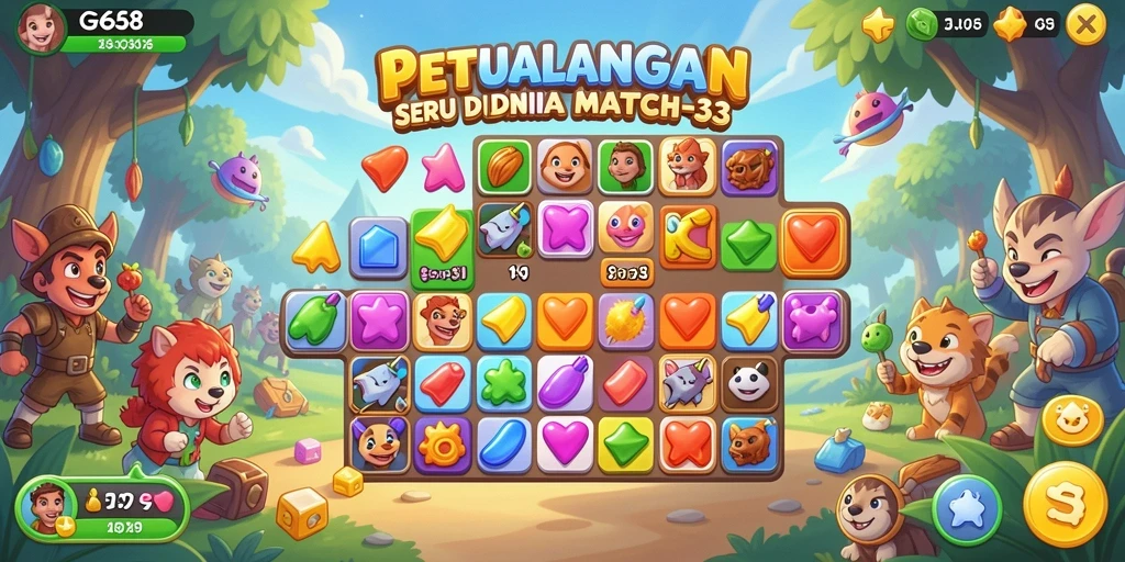 Tampilan gameplay G668 dengan kombinasi warna cerah dan tantangan Match-3 yang seru.