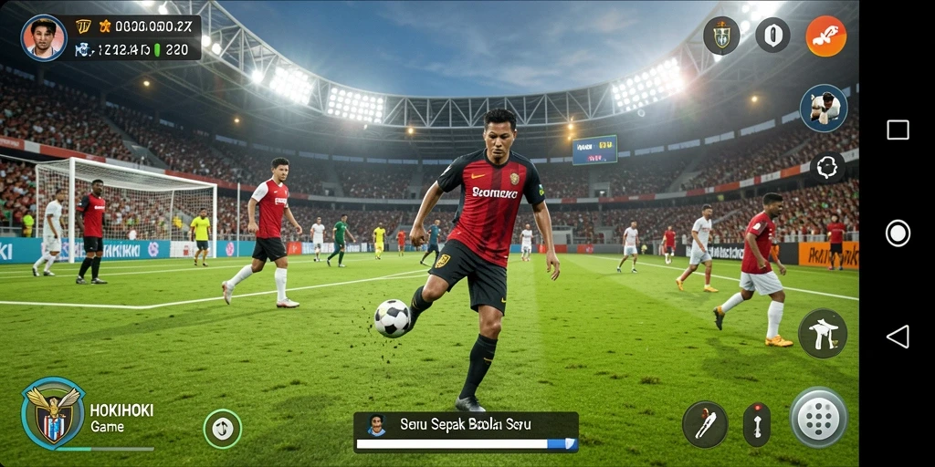 Tangkapan layar HOKIHOKI menampilkan aksi seru dalam pertandingan sepak bola.