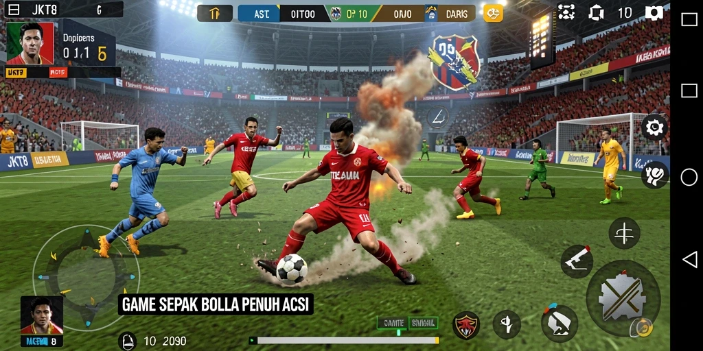 Screenshot gameplay JKT8 menampilkan aksi sepak bola mendebarkan.