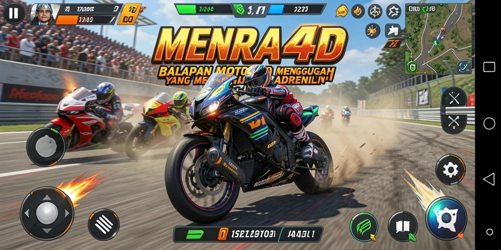 Screenshot MENARA4D menampilkan aksi balapan motor yang mendebarkan dan realistik.